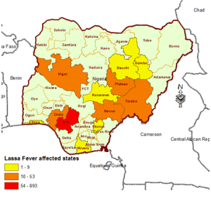 Lassa fever: map of Nigeria 2012 and 2013 outbreaks.