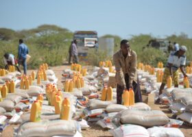 A local government employee lays out bundles of food to be distributed to those affected by recent flooding in Beletweyne, Somalia, on May 29, 2016. Flooding in the Hiraan region of Somalia has led to the displacement of 17,000 people so far and is the worst to hit the region since 1981. AMISOM Photo / Tobin Jones
