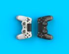Computer game competition. Gaming concept. White and black joystick isolated on blue background, 3D rendering