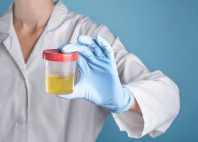 Doctor in a laboratory coat and blue medical gloves holding a container for urine analysis