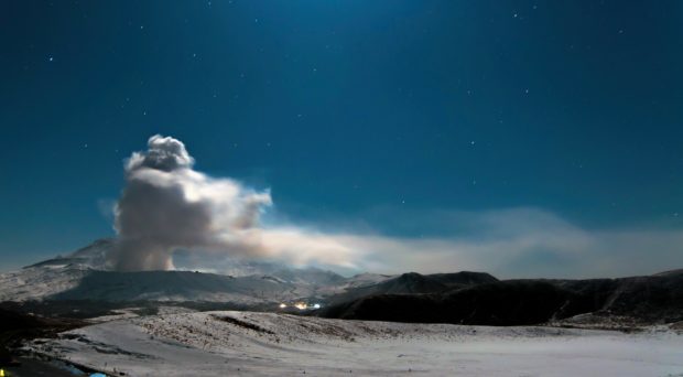 Mount Aso in Japan erupting at night